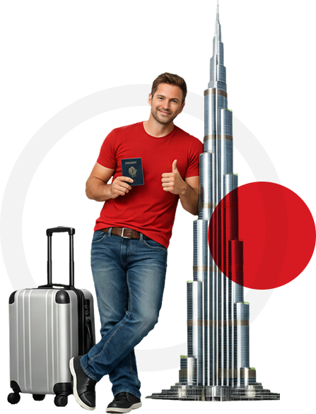 Traveler ready for Dubai with passport and suitcase